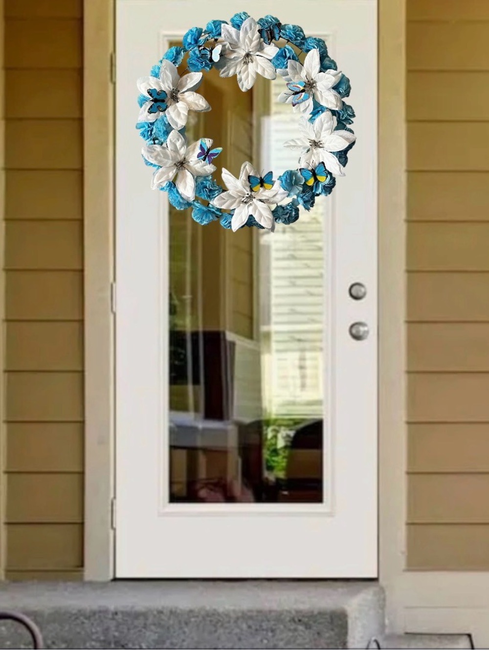 Blue & White Holiday Wreath with Butterfly Accents Hand Crafted - Picture 5 of 16